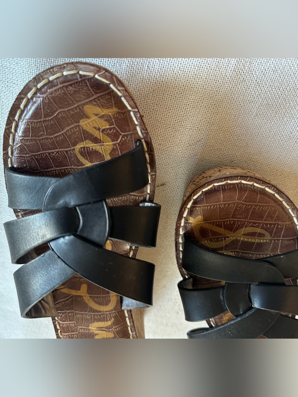SAM EDELMAN Raynere Black Leather Cork Wedge Platform Sandals Slide | 9 NWOB - Picture 3 of 10